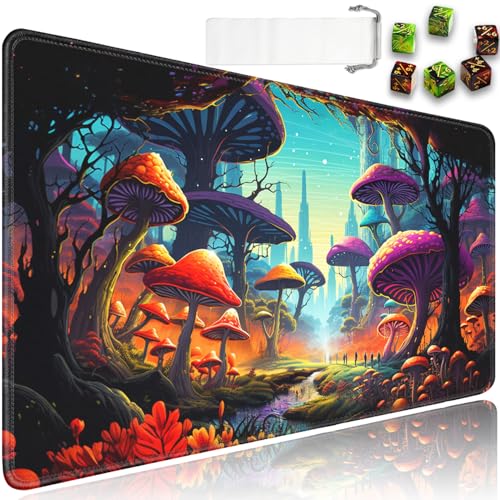 for MTG Playmat + Drawstring Travel Pouch + 6 Dice Counter, for Trading Card Game Playmats or Mouse Pad, Anti-Slip Rubber 24 x 14 in, Colorful Mushroom Forest for TCG Playmat (No with Zone) - color: JV-Playmat-5-1-A23