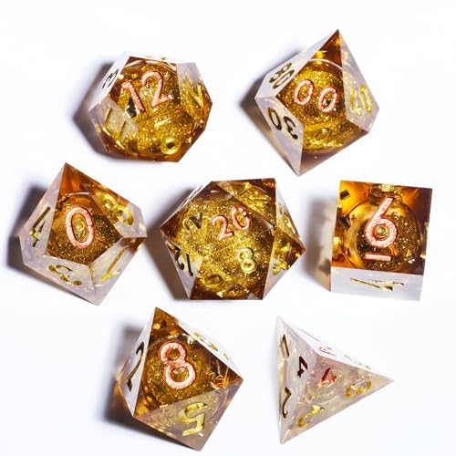 DND Polyhedral Resin Dice Set,for Dungeons and Dragons RPG MTG Table Games,7-Piece Liquid Core Sharp Edge Handmade - color: Golden Ember