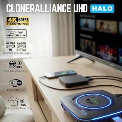 ClonerAlliance UHD Halo, 4K@60fps Standalone Video Recorder with H.265/H.264 Codec, HDMI & Mobile Dual Capture, 4K@60fps Passthrough, Audio Extract/Mix.