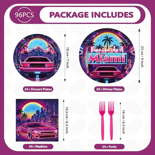 96 Pcs Bienvenido a Miami Party Decorations, Serves 24 | Retro Summer Disco Plates and Napkins Tropical Neon Tableware Set for Miami Birthday Summer Beach Disco Style Pool Party - style: Summer Neon Disco Plates m