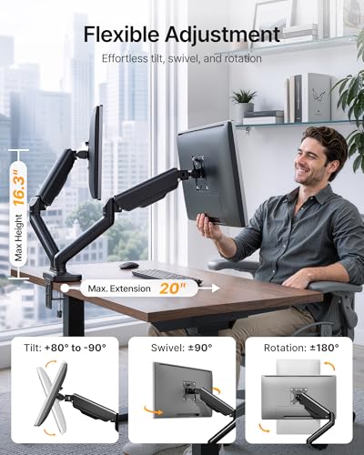 monTEK Dual Monitor Arm for 17-32" Flat/Curved Screen up to 19.8 lbs | Mechanical spring, full motion dual monitor mount, height adjustable, alloy steel, easy assembly, clamp/grommet, VESA 75/100 - size: Dual Arm