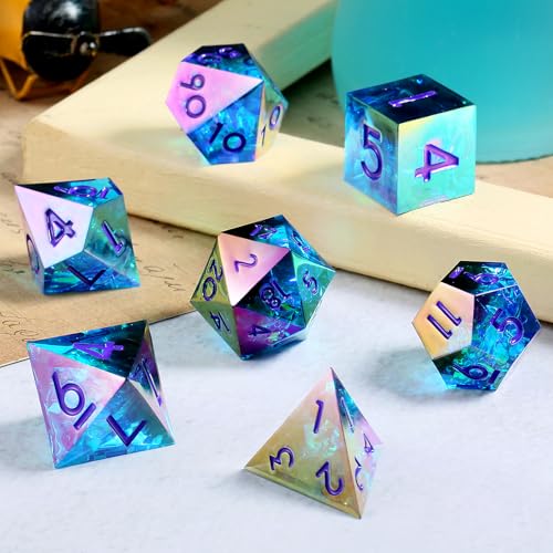 Iridescent Plating DND Dice, DNDND Handmade Resin Sharp Edge D&D Die with Gift Case for Dungeons and Dragon Tabletop Games (Iridescent Plating Green & Blue) - color: Iridescent Green and Blue