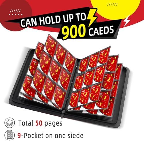 Trading Card Binder 9 Pocket,900 Pocket Card Collection Binder with 50 Removable Sleeves,PU Waterproof Top Card Book,3-Ring Zipper Collectible Trading Card Album for MTG/TCG/Card Holder Gift（Red） - color: Red, size: Large