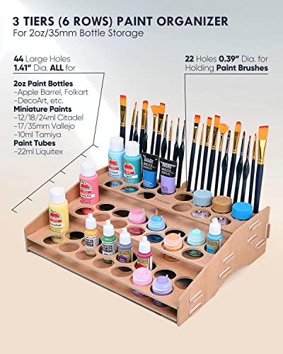 tinctor Wooden Paint Organizer & Paint Brush Holder, for 44 Bottles & 22 Brushes Storage - Craft Acrylic Miniature Paint Rack