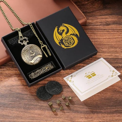 Mini DND Dice Set Steampunk Rogue Pocket Watch Shell Case, 7pcs Polyhedral Metal D&D Dice Set, D&D Gifts with Gift Box for Player, Role Playing Board Games Accessories, Bronze - color: Rogue