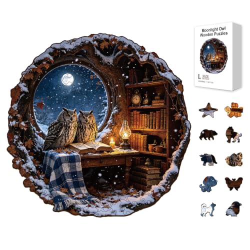 300pcs Wooden Puzzles for Adults Moonlight Owl in Winter | Wood Jigsaw Puzzles with Unique Animal Shaped Pieces Challenging Puzzle for Family Game Birthday Gift Home Decor - color: Moonlight Owl