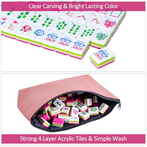American Mahjong Tile Set(4 Layer) with Carrying Bag, 160 Engraved Acrylic Tiles, 4 All-in-One Rack/Pushers, Mahjong Game Set (Ma Jong, Mah-Jongg) - color: Magenta
