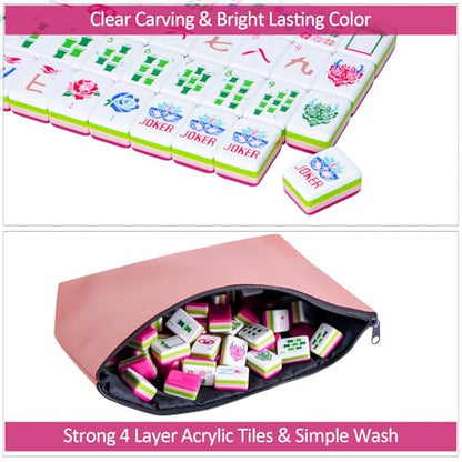 American Mahjong Tile Set(4 Layer) with Carrying Bag, 160 Engraved Acrylic Tiles, 4 All-in-One Rack/Pushers, Mahjong Game Set (Ma Jong, Mah-Jongg) - color: Magenta