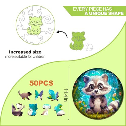 Wooden Puzzles for Kids Ages 4-8, Cute Raccoon Puzzle, Unique Animal Shaped Wooden Jigsaw Puzzles for Kid, 50 Pieces Puzzles for Kids(50pcs,11.4 * 11.4in) - color: Cute Raccoon