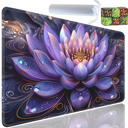 Playmat for MTG, 24x14 Inches Playmats, for TCG and CCG Trading Card Game Mat, Non-Slip Rubber for MTG Playmats with A Storage Bag and 6 Dice Set, Purple Lotus Flower Pattern - color: Yu-Playmat-1-D114