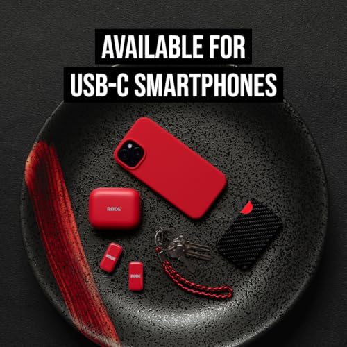 RØDE Wireless Micro - Compact Wireless Microphone, Two Mics with Charge Case for Smartphone Content Creation - USB-C, Red | Includes 2 Clip-on Transmitters Plus USB-C Receiver, Charging Case for Up to 21 Hrs Total, Omnidirectional Mics, 100m Range - color
