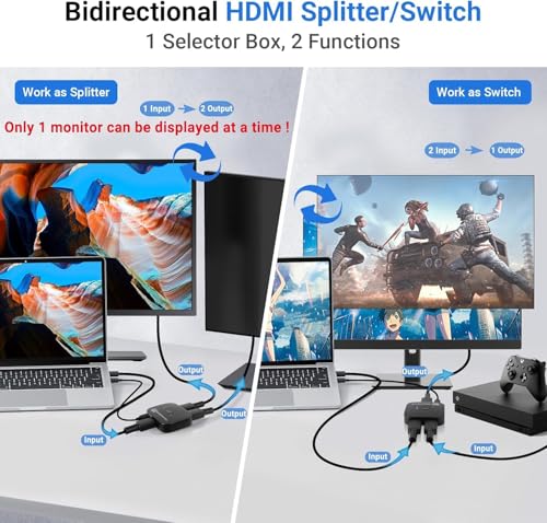 8K Bi-Directional HDMI Switch 2 in 1 Out, 4K@120Hz 8K@60Hz HDMI Splitter Switch, Supports HDR, 3D, Dolby for PS4/5, HD TV