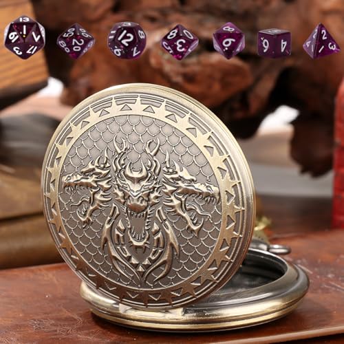 3 Head Dragon Small D&D Dice Set, Steampunk Bronze Pocket Watch Shell Case, 7pcs Polyhedral Acrylic DND Dice, Dragon Gift Bag, RPG Tabletop Games Accessories, DND Starter Set, Purple Dice - color: 3 Dragon Head D
