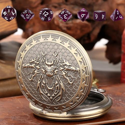 3 Head Dragon Small D&D Dice Set, Steampunk Bronze Pocket Watch Shell Case, 7pcs Polyhedral Acrylic DND Dice, Dragon Gift Bag, RPG Tabletop Games Accessories, DND Starter Set, Purple Dice - color: 3 Dragon Head D