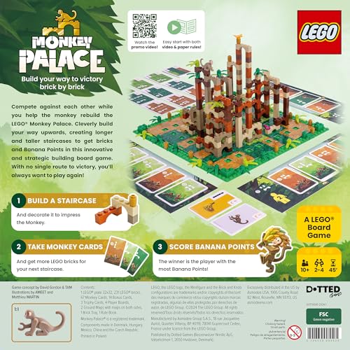 Monkey Palace - LEGO Board Game, Brick Building Strategy Board Game for Kids 8-12, Family Fun for Adults, LEGO Fun Toys for Kids & Families, 2-4 Players Ages 10+, 45 Minute Playtime | For brick fans, stack towers, score with monkeys, Compatible with LEGO
