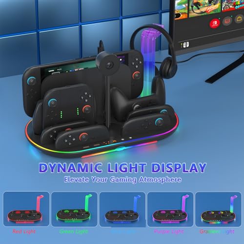 Switch 2 Charging Dock Stand with Cooling Fan,Charger for Joycons 2 and Switch 2 Pro Controller with RGB Light Storage Stand for Headset & Camera Storage Slot &7 Game Card Slots