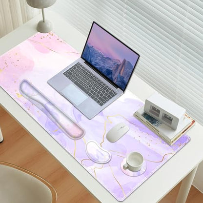 Large Gaming Mouse Pad Set, 4 in 1 Extended Keyboard Desk Mat with Wrist Rest, PC Computer Game Mousepad Set, Non-Slip Desk Pad Easy Typing Pain Relief for Home Office I Pink Purple Marble - color: Pink Purple Marble