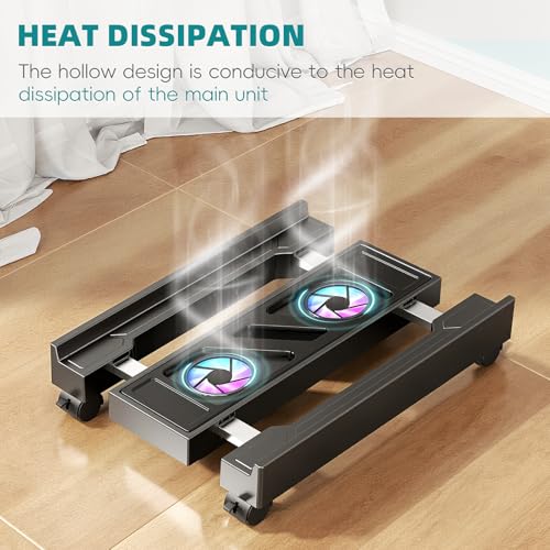 CABTE Adjustable CPU Holder with Cooling Fan and RGB Light | Mobile CPU Holder with 4 Rolling Casters, Under Desk Computer Tower Stand PC Floor Cart PC Riser for Office, Home (With Fan) - color: With Fan