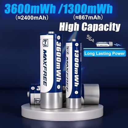Maxfree Rechargeable 4 AAA and 4 AA Batteries Lithium with Charger, 8-Pack | 1.5V Long Lasting Triple A Double A Batteries with LED Display – Fast Charging for Blink Outdoor Cameras, Toys & Remotes - size: 3600mWh 4AA + 1300mWh 4AAA
