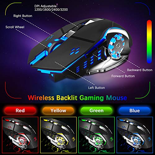 Wireless Gaming Keyboard and Mouse,Rainbow Backlit Rechargeable Keyboard Mouse with 3800mAh Battery Metal Panel,Removable Hand Rest Mechanical Feel Keyboard and 7 Color Gaming Mute Mice for PC Gamers - color: Black Rainbow