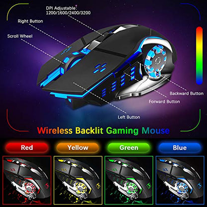 Wireless Gaming Keyboard and Mouse,Rainbow Backlit Rechargeable Keyboard Mouse with 3800mAh Battery Metal Panel,Removable Hand Rest Mechanical Feel Keyboard and 7 Color Gaming Mute Mice for PC Gamers - color: Black Rainbow