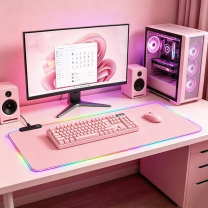 RGB Large Gaming Mouse Pad, Extended Mouse Pad with 12 Lighting Effects, Water Proof Mutispandex Surface, Non-Slip Rubber Base, 80x30 cm / 31.5×11.8 in (Pink) - color: Pink