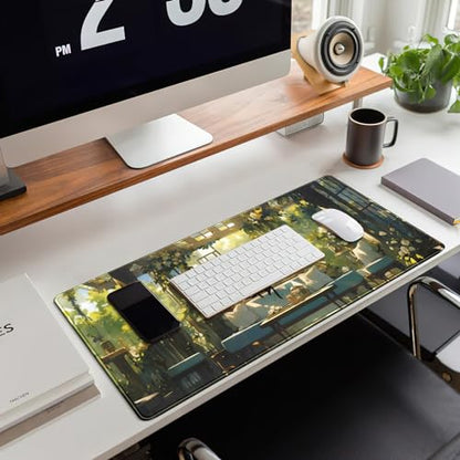 Cute Cat Desk Mat Green Plants Aesthetic Desk Pad Anime Kawaii Gaming Mouse Pad Large Mousepad Extended XL Laptop Keyboard Mouse Mat 31.5"x11.8" with Stitched Edges Non-Slip Rubber Base - color: Cute Cat