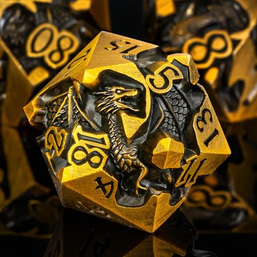 Roycevon Relief Dragon DND Dice Set for Role Playing Game, 7Pcs Metal D&D Dice Set Dungeons Dragons with Gift Box, Polyhedral D and D Dice D20 D12 D10 D8 D6 D4, Gold - color: Gold