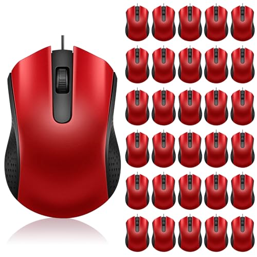 Bonuci 30 Pack USB Wired Mouse 3 Button Corded Computer Mice Bulk USB Mouse for PC Desktop, Laptop, Office, School, Classroom Use(Red) - color: red