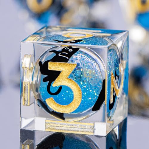 DND Cat Dice Set Blue Sharp Edge Dice with Box, RPG D and D Dice Dungeons Dragons Role Playing Game Polyhedral Resin Dice Set D20 D12 D10 D8 D6 D4 - color: Golden Blue