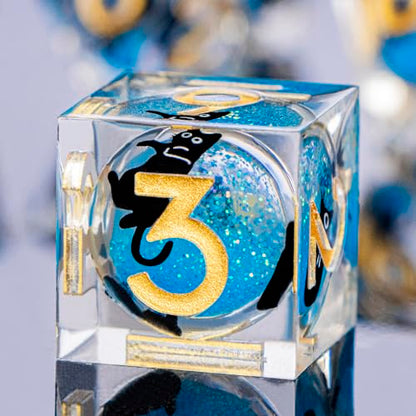 DND Cat Dice Set Blue Sharp Edge Dice with Box, RPG D and D Dice Dungeons Dragons Role Playing Game Polyhedral Resin Dice Set D20 D12 D10 D8 D6 D4 - color: Golden Blue