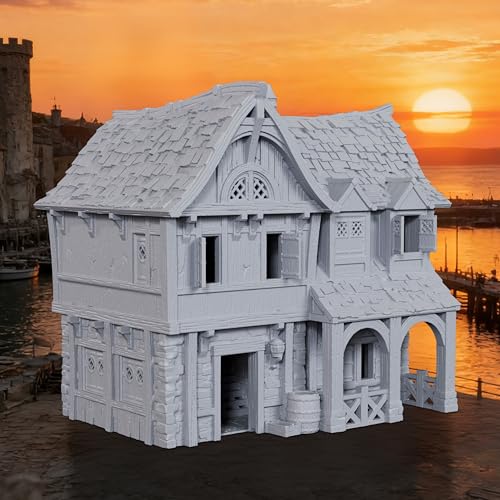 AUSPDICE DND Terrain 25mm 도색되지 않은 석재 및 목재 도크 빌딩 TTRPG용 | 던전 앤 드래곤 판타지 워게임용 1:64 스케일 멀티 레벨 하버 디스트릭트 풍경 - AF1154D - color: Af1154d Dock Buildings D