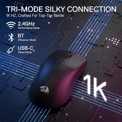 Redragon M916 PRO 3-Mode Wireless Gaming Mouse, 55G Ultra-Light 26K DPI Mouse w/Ergonomic Natural Grip Build, Full Programmable Buttons, Software Supports DIY Keybinds & DPI - color: Black, style: 1K Hz