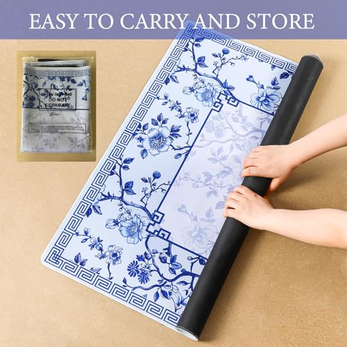 Chinoiserie Mahjong Mat with 1 Carrying Bag 31.5" x 31.5" Blue and White Rubber Anti Slip and Noise Reduction Multi Purpose Game Table Cover for Card, Board Tile Games - color: Blue