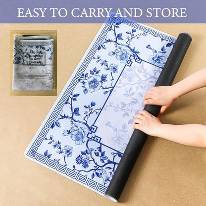 Chinoiserie Mahjong Mat with 1 Carrying Bag 31.5" x 31.5" Blue and White Rubber Anti Slip and Noise Reduction Multi Purpose Game Table Cover for Card, Board Tile Games - color: Blue