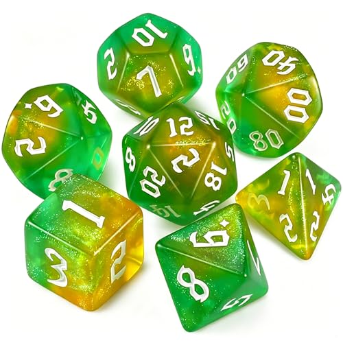 QMAY DND Dice Set -D&D Polyhedral Dice (7 Pcs) for Dungeons and Dragons (Pale Yellow and Green Glitter) - color: Pale Yellow and Green Glitter