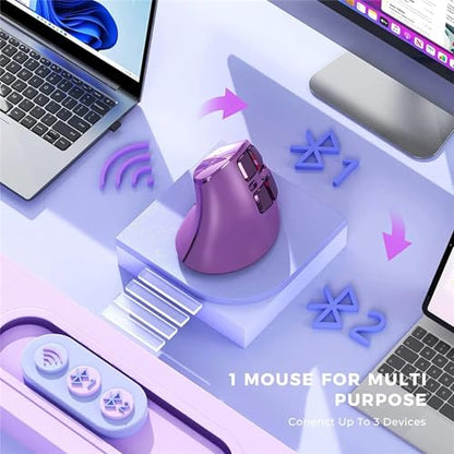 Vertical Mouse, Wireless Ergonomic Optical Mouse (BT 5.0 + Bluetooth 3.0 + USB Connection) with 9 Buttons, Rechargeable Computer Mouse for Wins PC/Laptop, Mac (Purple) - color: Purple