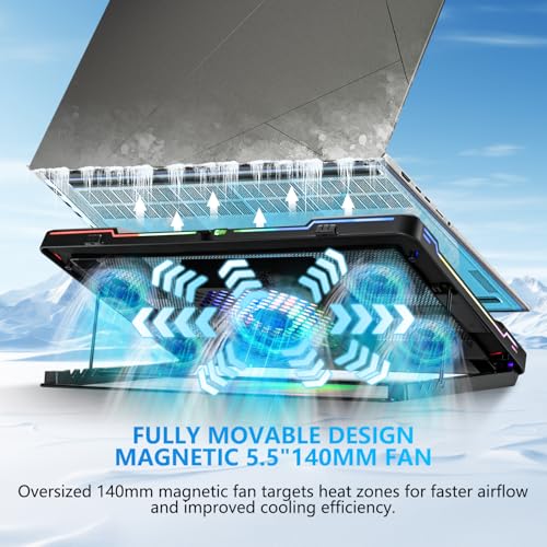 G-STORY Gaming Laptop Cooling Pad with Movable Fan and Automatic Speed Adjustable by Temperature,Music Sync RGB Light,Low Noise Laptop Cooler 3 Speed 1500/1750/2000RPM(140MM) Stand 12–17.3" Notebook