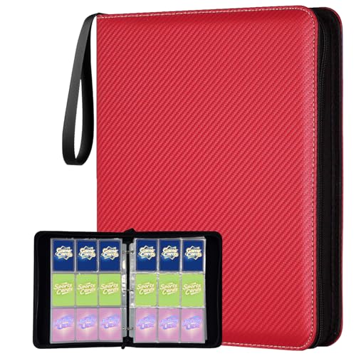 9 Pocket Trading Card Binder, Holds 1080 Cards with 60 Removable Double-Sided Sleeves, Premium Zipper Top Loader Card Collection Album, PU Card Folder Holder for MTG, TCG, Baseball, Sports Cards - color: Red