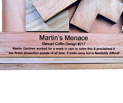 Creative Crafthouse Martin's Menace Large Stewart Coffin Wood Puzzle | Design number 217. Four packing pieces in a 6 inch square that look easy and are not. A tough desk gift, made in USA - style: Martin’s Menace - L