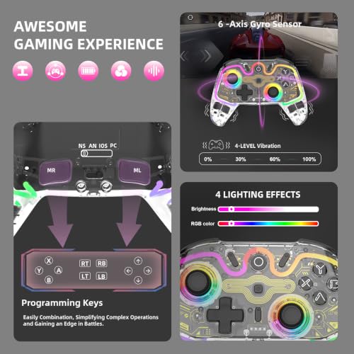 ASRVA Wireless Hall Effect Controller, Bluetooth/2.4G/Wired 3 Modes, RGB Transparent Gamepad with Trigger Lock, 6-Axis Gyro, Compatible with Switch/PC/Mac/PS3/Steam Deck/iOS/Android
