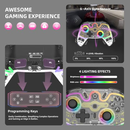 ASRVA Wireless Hall Effect Controller, Bluetooth/2.4G/Wired 3 Modes, RGB Transparent Gamepad with Trigger Lock, 6-Axis Gyro, Compatible with Switch/PC/Mac/PS3/Steam Deck/iOS/Android