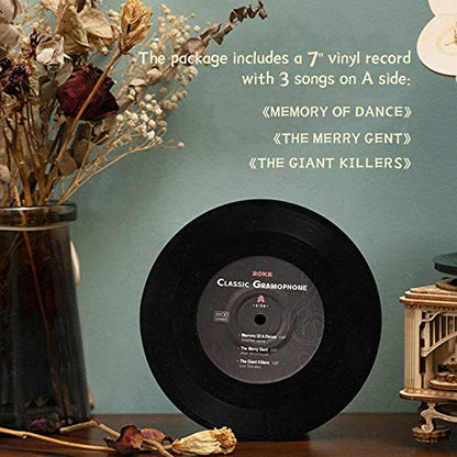 ROKR 3D Wooden Puzzles Gramophone for Adults - DIY Mechanical Model Kit 1:1 Replica Record Player Support 7"/10" Vinyl Building Gift Hobbies for Adults Home Decor