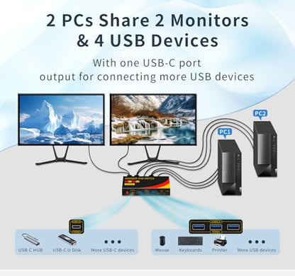 KVM Switch 2 Monitors 2 Computers with DP and HDMI | 8K@60HZ, USB3.0 with 1 USB C, DP and HDMI KVM Switches - size: 2 PC 2 Monitor-8K Red