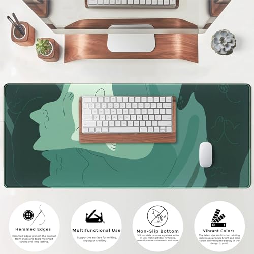 Cute Green Cat Desk Mat Extended Mouse Pad Large Gaming Mousepad XL Long Desk Pad Minimalist Laptop Keyboard Pad Deskmat Deskpad Desktop Mouse Mat Big 31.5"x11.8" with Stitched Edges - color: Green Cat