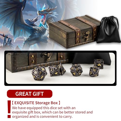 7PCS DND Dice Set, Premium Hollow Metal Polyhedral Dice with Treasure Chest & Dice Bag, Gift for Men & Women, Dungeons and Dragons, TTRPG RPG Tabletop Games (Black) - color: Black
