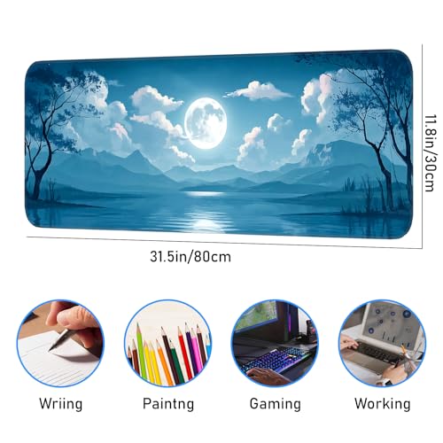 Mouse Pad, Moon Pattern, Non-Slip Rubber Base Gaming Mouse Pad for Home, Office, Gaming, Large 31.5x11.8 Inch Desk Pad - color: Ocean and moon