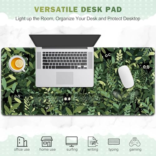Large Desk Mat, Cute Anime Cats Gaming Mouse Pad, Desk Pad Protector, XXL Mousepad + Keyboard Wrist Rest+Mouse Wrist Rest+Coaster Set with Ergonomic Desk Pad for Home Office PC Computer, Green Leaves - color: Cute Anime Cats