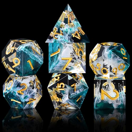 AUSTOR 7-Die DND Dice Set Handmade Sharp Edge Polyhedral Dice for Dungeons and Dragons RPG MTG Table Games（Wave Green） - color: Wave Green