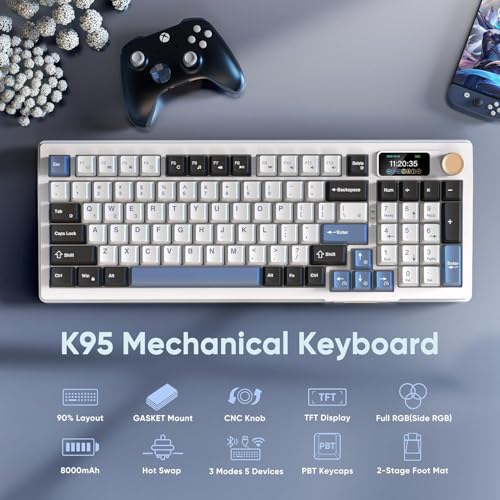 RedThunder K95 Wireless Mechanical Keyboard, TFT Screen & Knob, Tri-Mode BT5.0/2.4GHz/USB-C Hot Swappable Custom, Pre-lubed Linear Switches, Gasket Structure, RGB Gaming Keyboard, Snowy White-Blue - color: Snowy White